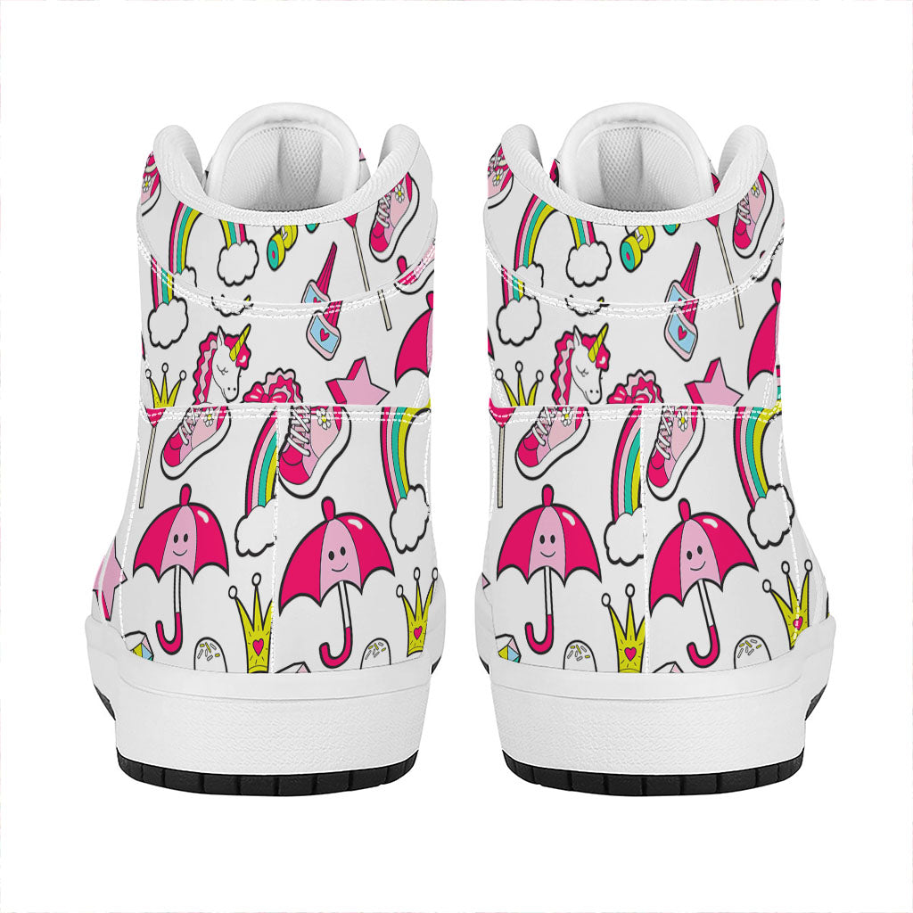 White Girly Unicorn Pattern Print High Top Leather Sneakers