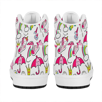 White Girly Unicorn Pattern Print High Top Leather Sneakers