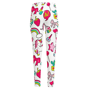 White Girly Unicorn Pattern Print High-Waisted Pocket Leggings