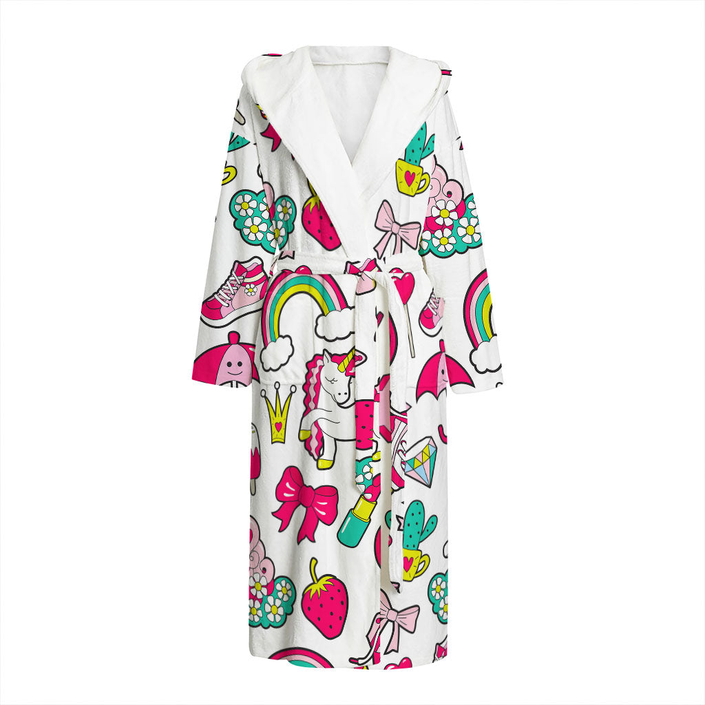 White Girly Unicorn Pattern Print Hooded Bathrobe