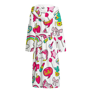 White Girly Unicorn Pattern Print Hooded Bathrobe