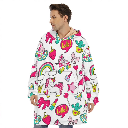 White Girly Unicorn Pattern Print Hoodie Blanket