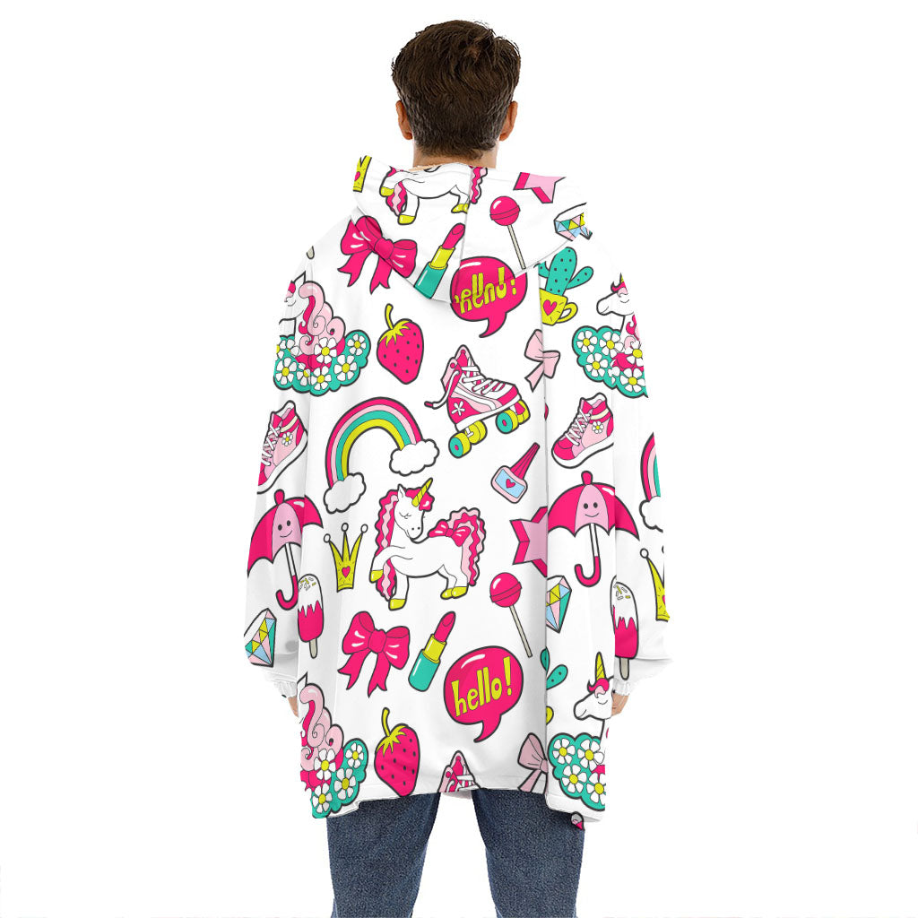White Girly Unicorn Pattern Print Hoodie Blanket
