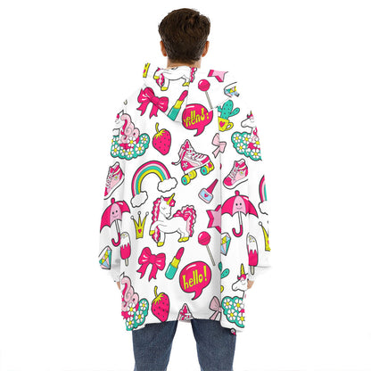 White Girly Unicorn Pattern Print Hoodie Blanket