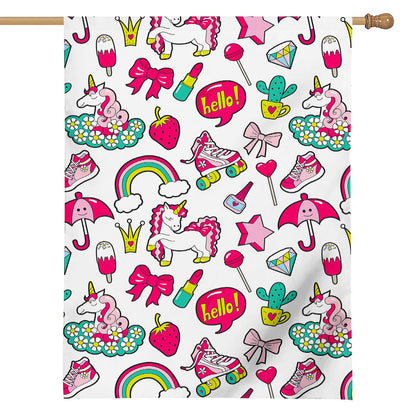 White Girly Unicorn Pattern Print House Flag