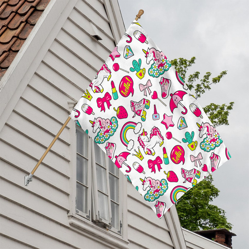 White Girly Unicorn Pattern Print House Flag
