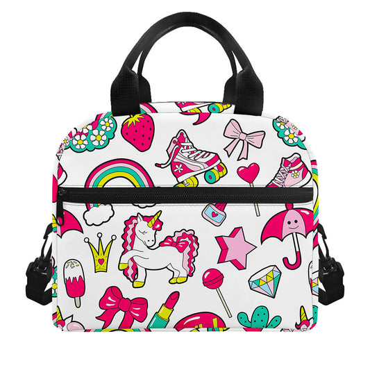 White Girly Unicorn Pattern Print Insulated Lunch Bag