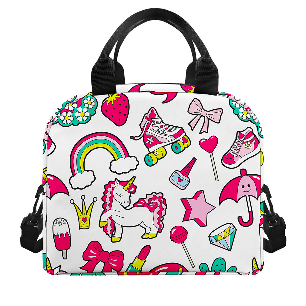 White Girly Unicorn Pattern Print Insulated Lunch Bag