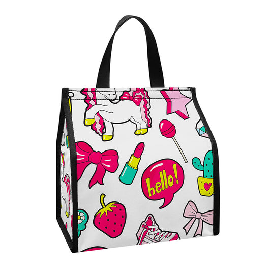 White Girly Unicorn Pattern Print Insulated Lunch Tote
