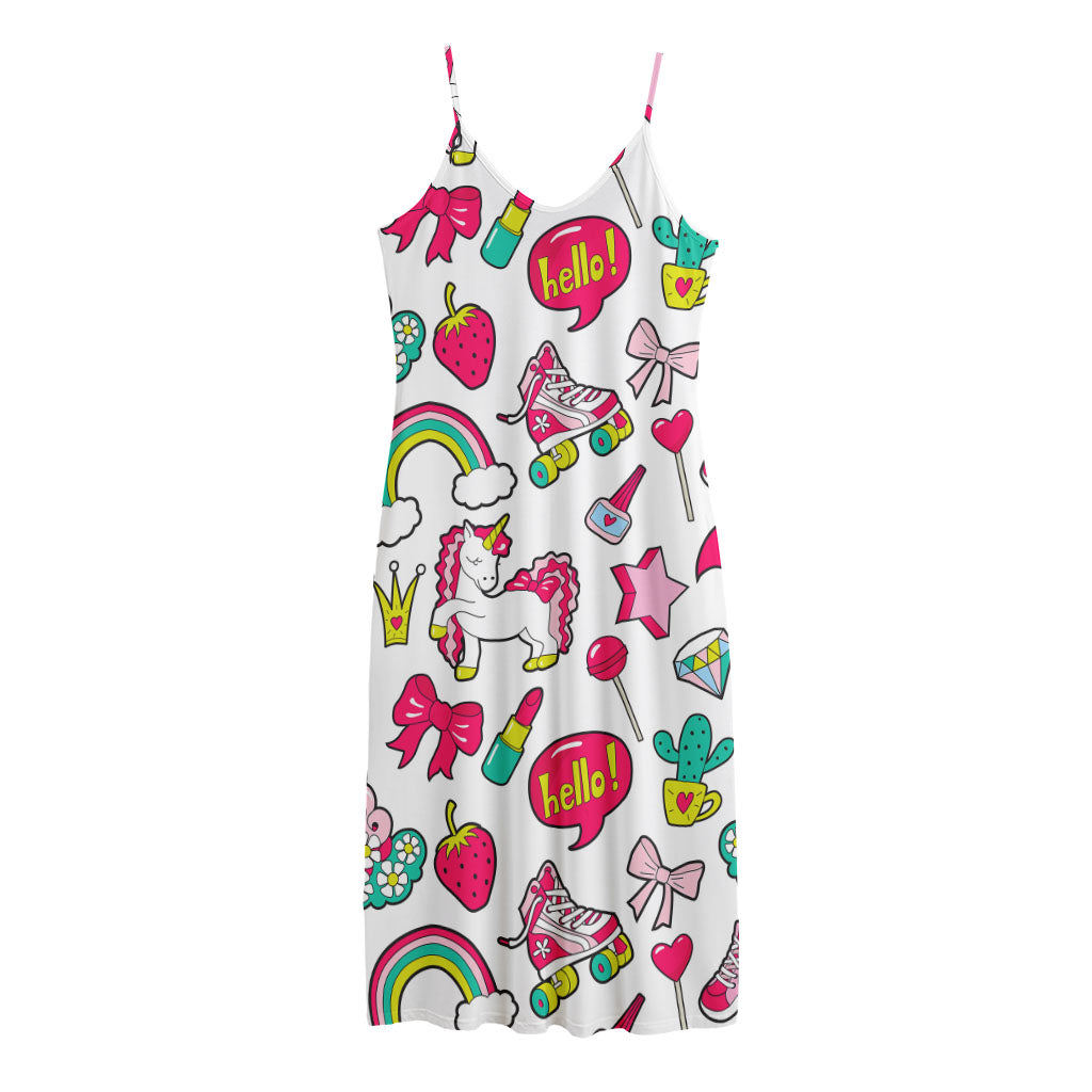 White Girly Unicorn Pattern Print Jersey Midi Cami Dress