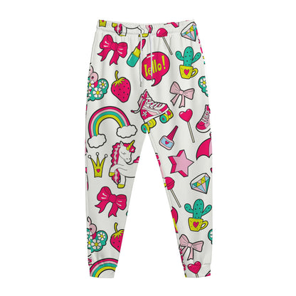 White Girly Unicorn Pattern Print Jogger Pants