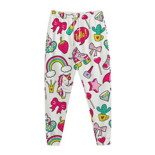 White Girly Unicorn Pattern Print Jogger Pants