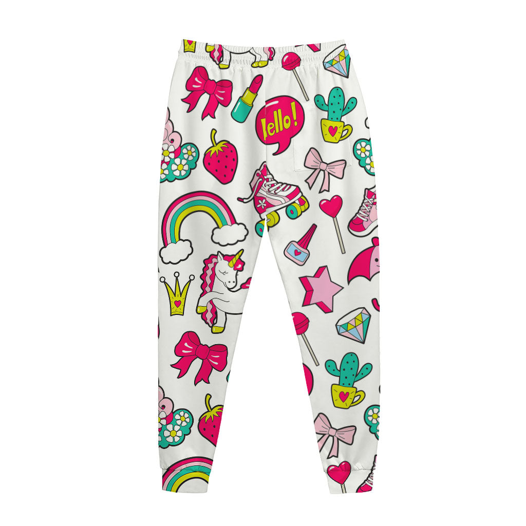 White Girly Unicorn Pattern Print Jogger Pants