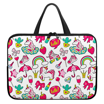 White Girly Unicorn Pattern Print Laptop Sleeve With Handle