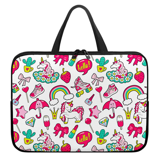 White Girly Unicorn Pattern Print Laptop Sleeve With Handle