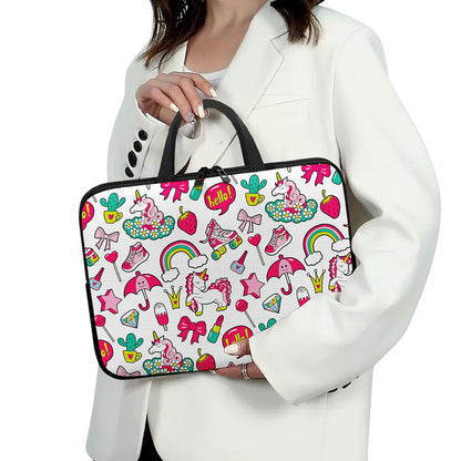 White Girly Unicorn Pattern Print Laptop Sleeve With Handle