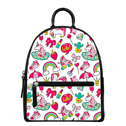 White Girly Unicorn Pattern Print Leather Backpack