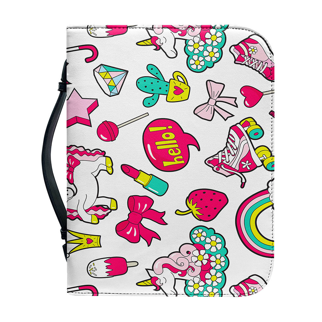 White Girly Unicorn Pattern Print Leather Bible Cover