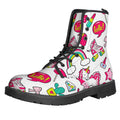 White Girly Unicorn Pattern Print Lace-Up Boots