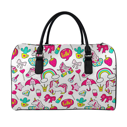 White Girly Unicorn Pattern Print Leather Duffle Bag
