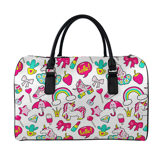 White Girly Unicorn Pattern Print Leather Duffle Bag