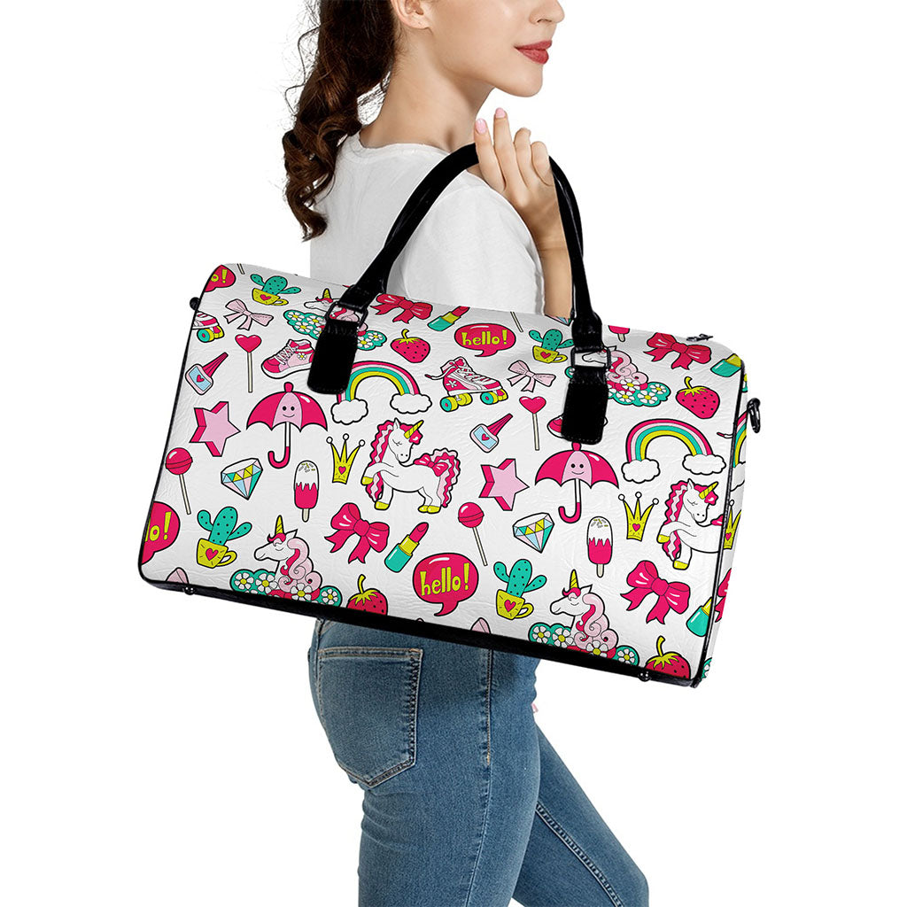 White Girly Unicorn Pattern Print Leather Duffle Bag