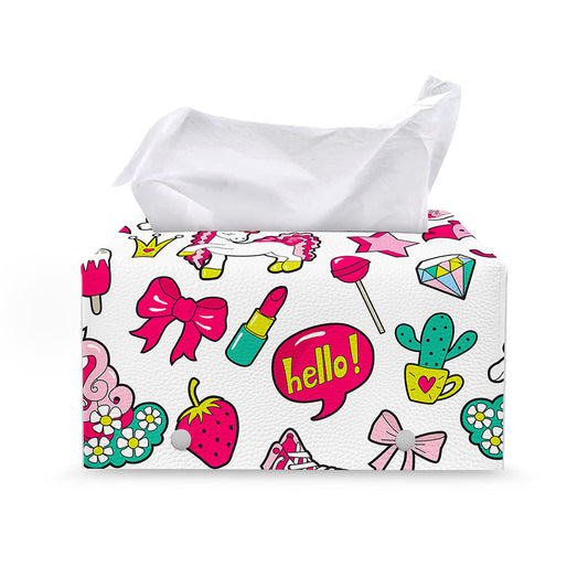 White Girly Unicorn Pattern Print Leather Tissue Box Cover