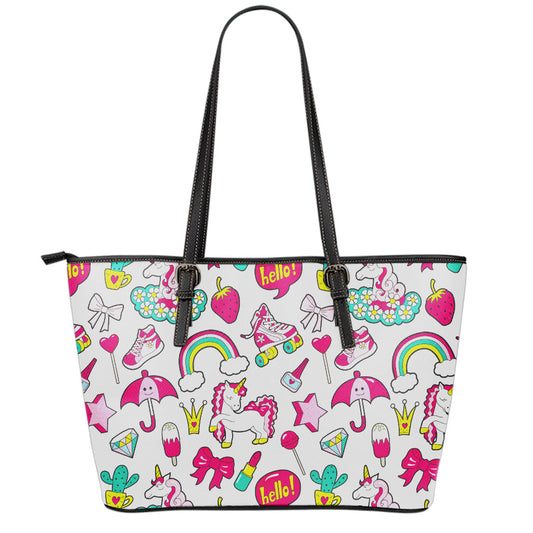 White Girly Unicorn Pattern Print Leather Tote Bag