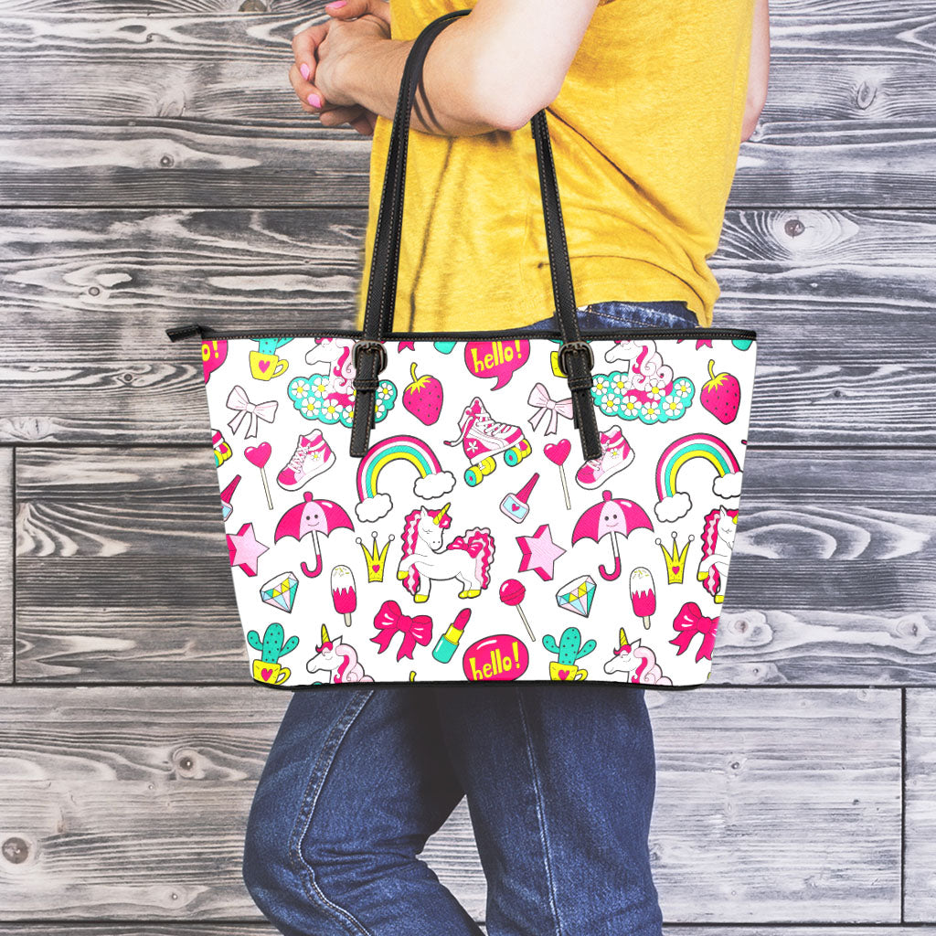 White Girly Unicorn Pattern Print Leather Tote Bag