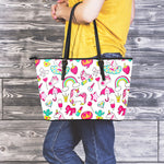 White Girly Unicorn Pattern Print Leather Tote Bag