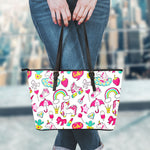 White Girly Unicorn Pattern Print Leather Tote Bag