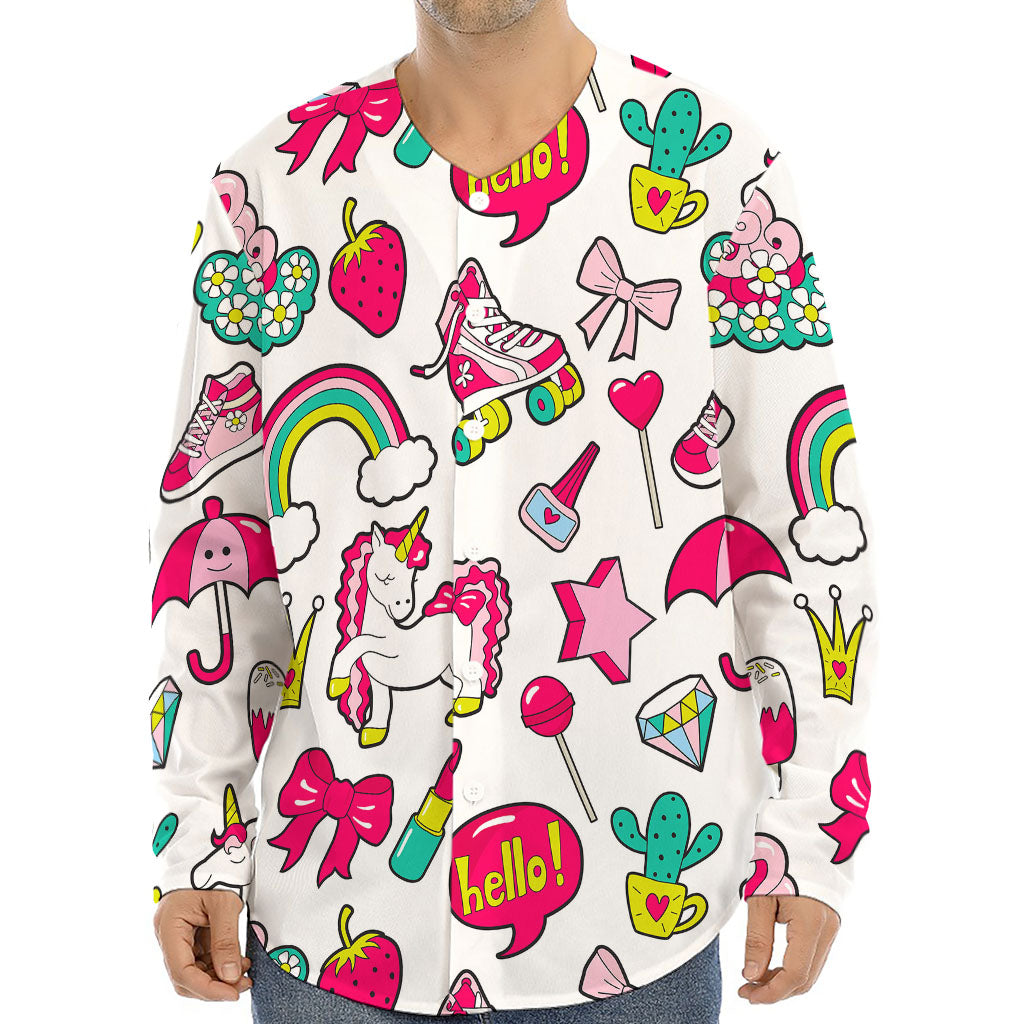 White Girly Unicorn Pattern Print Long Sleeve Baseball Jersey