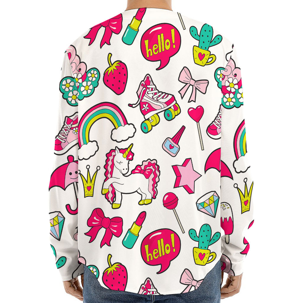 White Girly Unicorn Pattern Print Long Sleeve Baseball Jersey