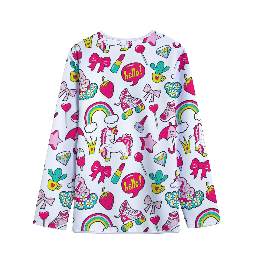 White Girly Unicorn Pattern Print Long Sleeve Short Coat