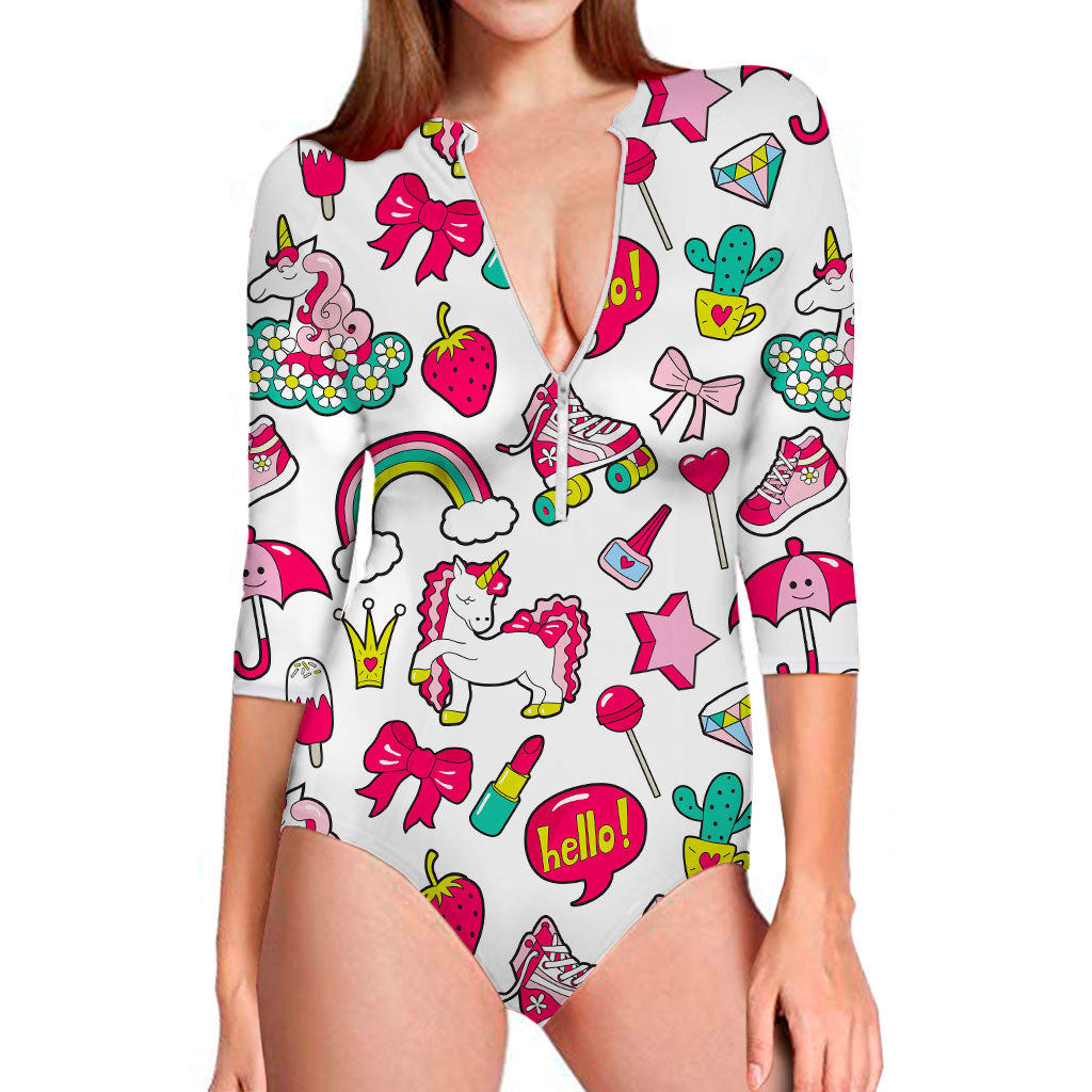 White Girly Unicorn Pattern Print Long Sleeve Swimsuit