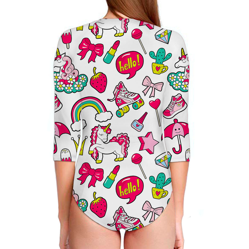 White Girly Unicorn Pattern Print Long Sleeve Swimsuit