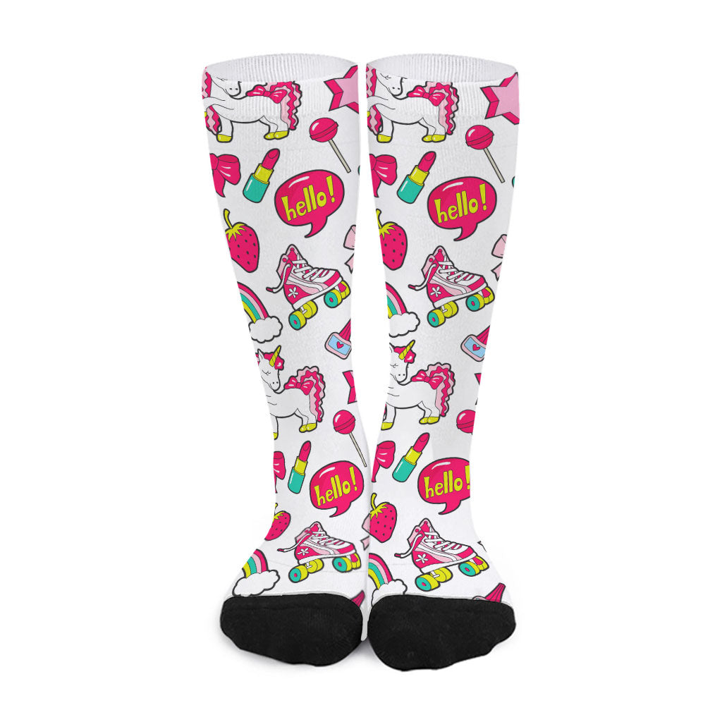White Girly Unicorn Pattern Print Long Socks