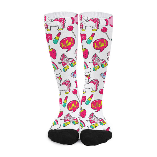 White Girly Unicorn Pattern Print Long Socks