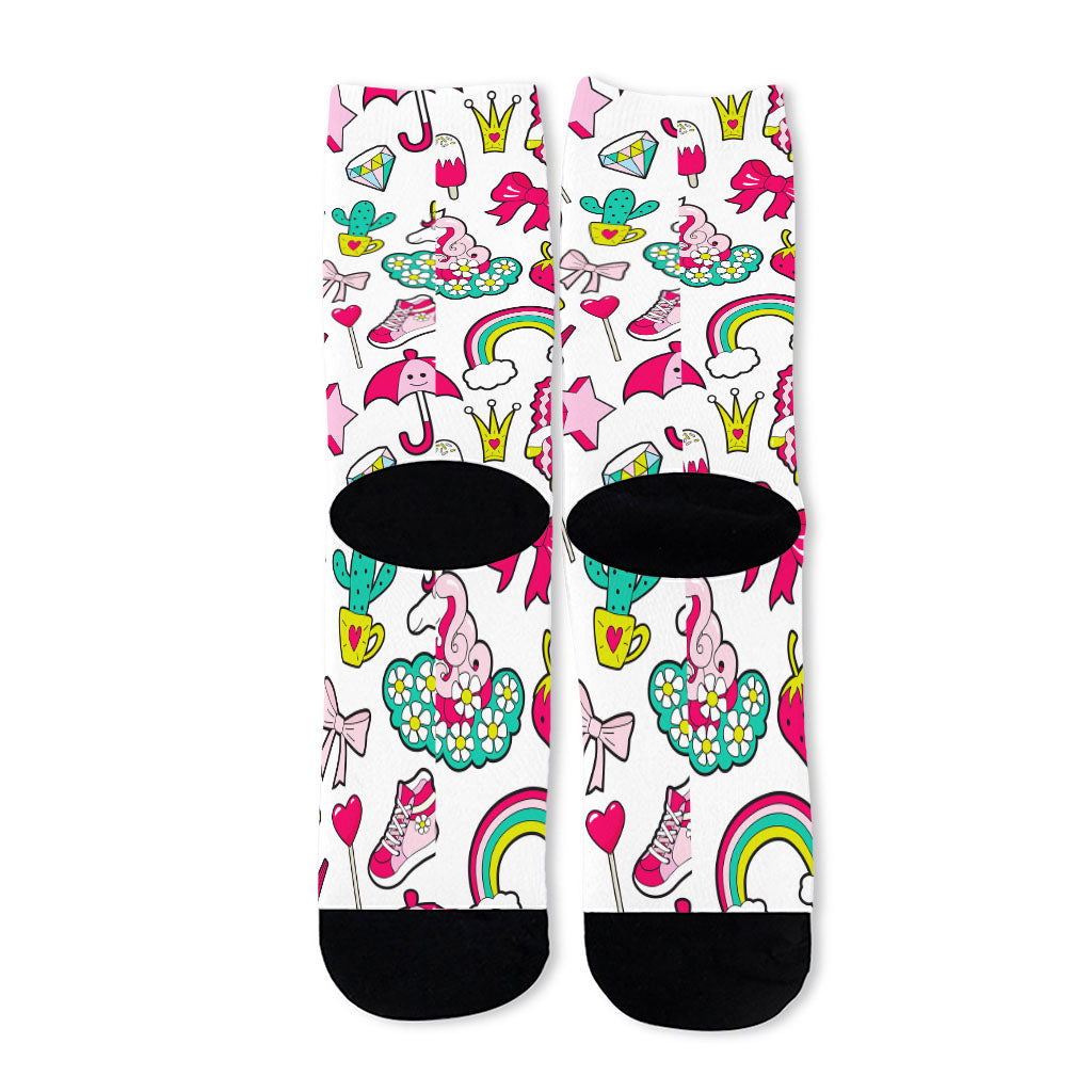 White Girly Unicorn Pattern Print Long Socks