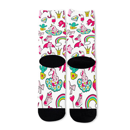 White Girly Unicorn Pattern Print Long Socks