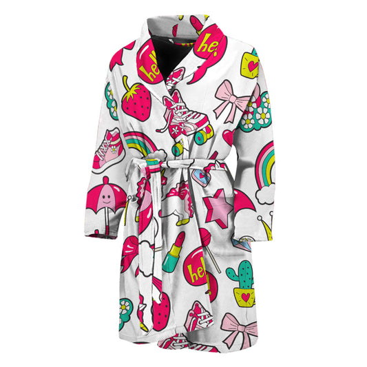 White Girly Unicorn Pattern Print Men's Bathrobe