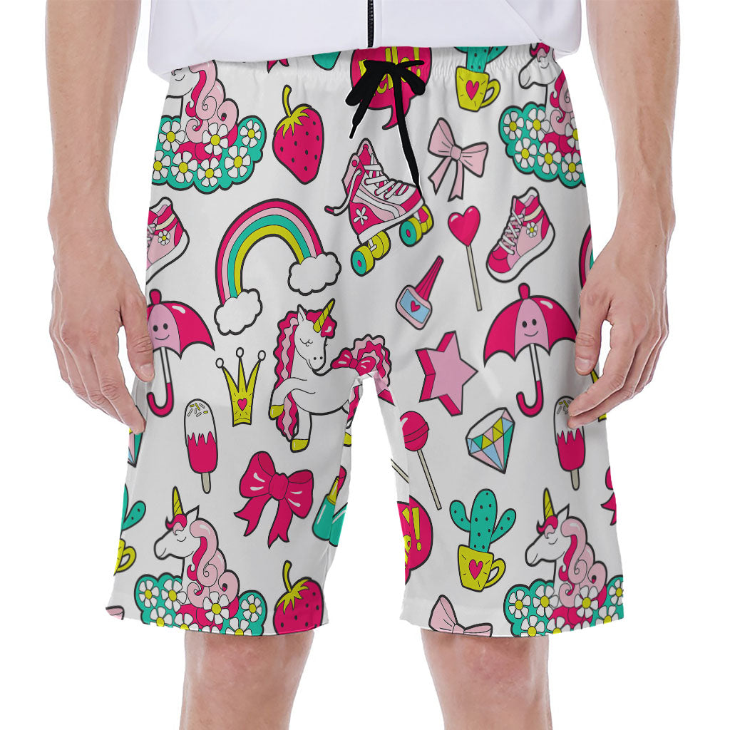 White Girly Unicorn Pattern Print Men's Beach Shorts
