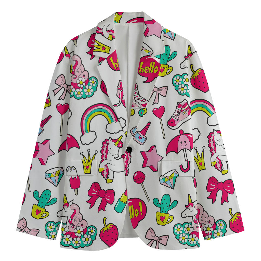 White Girly Unicorn Pattern Print Men's Blazer