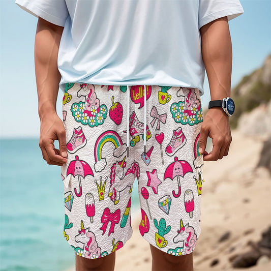 White Girly Unicorn Pattern Print Men's Cargo Shorts