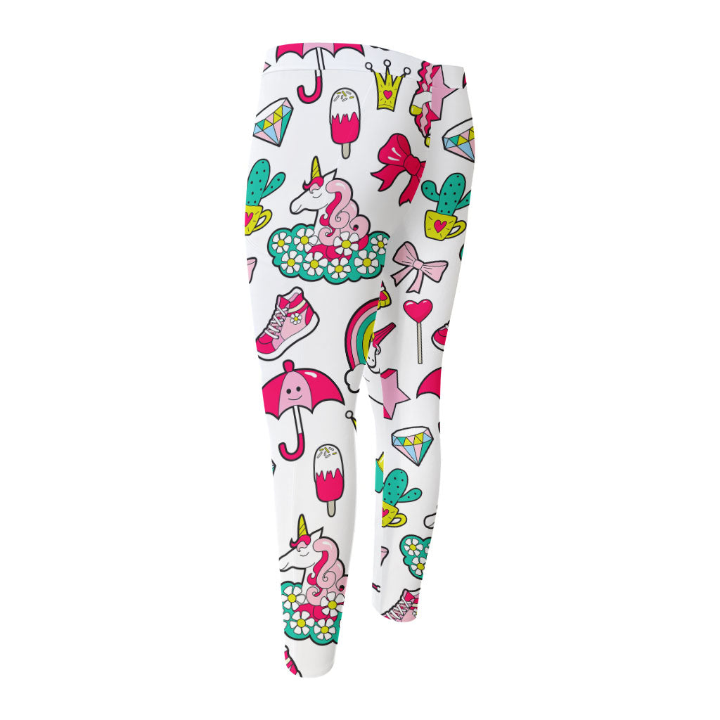 White Girly Unicorn Pattern Print Men's Compression Pants