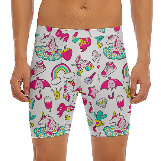 White Girly Unicorn Pattern Print Men's Long Boxer Briefs