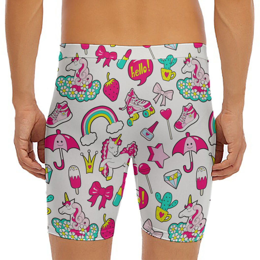 White Girly Unicorn Pattern Print Men's Long Boxer Briefs