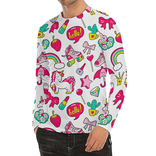 White Girly Unicorn Pattern Print Men's Long Sleeve Rash Guard