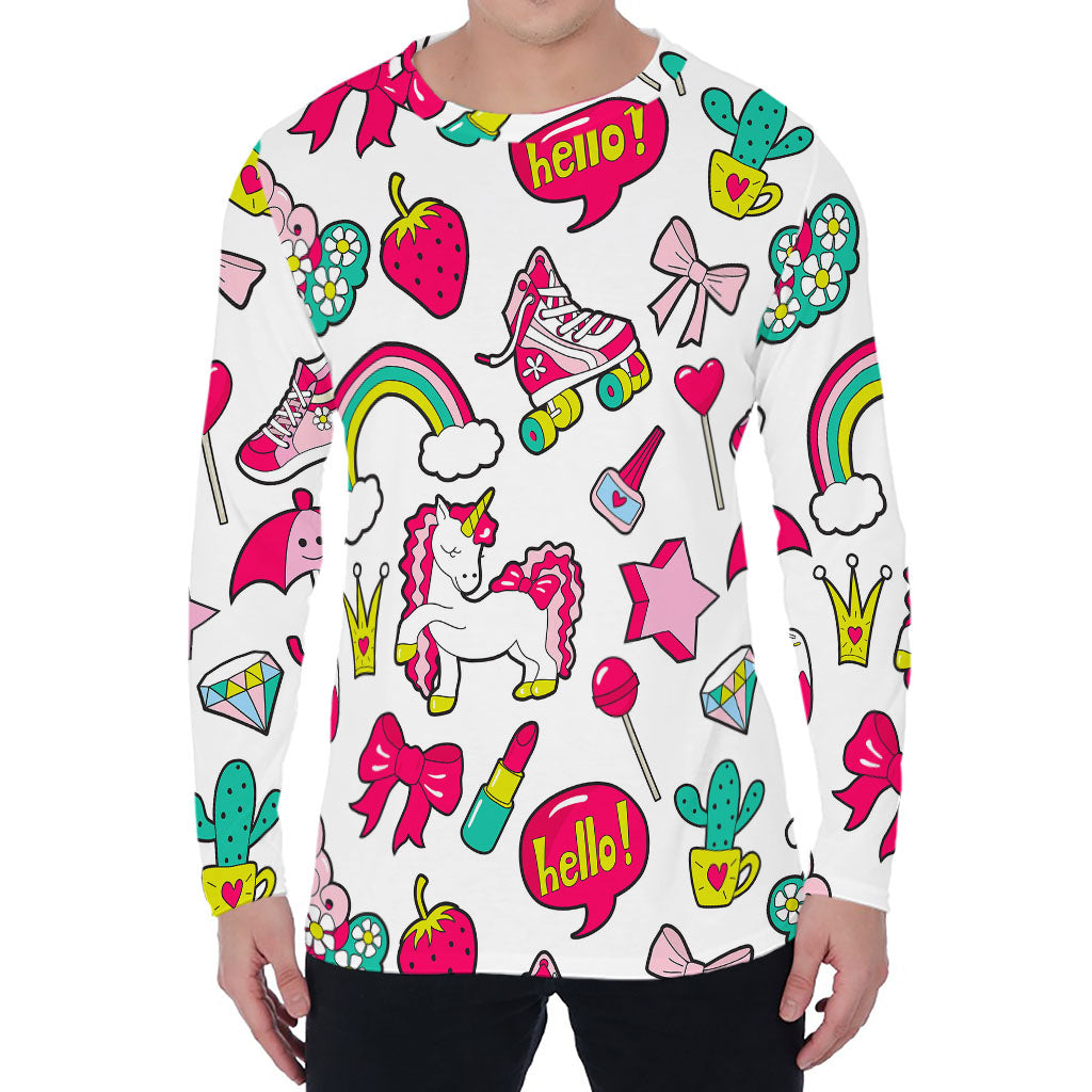 White Girly Unicorn Pattern Print Men's Long Sleeve T-Shirt