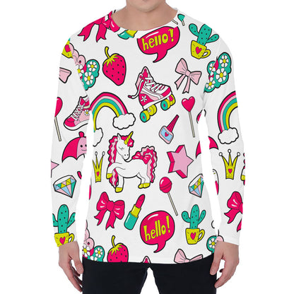 White Girly Unicorn Pattern Print Men's Long Sleeve T-Shirt